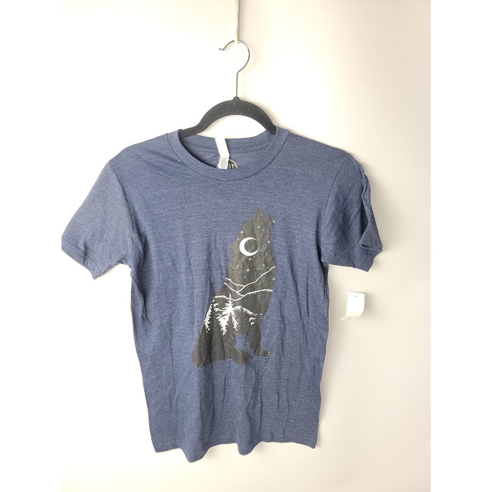 Lost Gods Wolf Moon Stars Trees Graphic T Shirt Blue Heathered Size S NWT